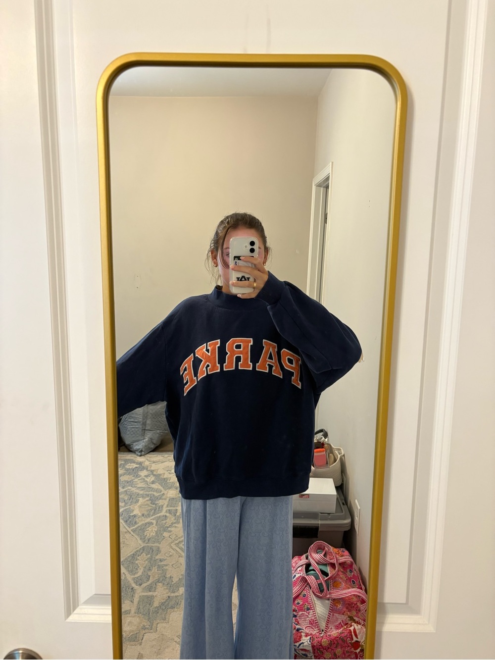 Navy Graphic Crewneck Sweatshirt with Orange 'PARKE' Lettering
